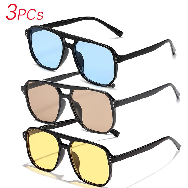 3PCs Big Square Frame Sunglasses for Men and Women Lightweight Frame Double Bridge Black Yellow Sun Glasses with UV Protection