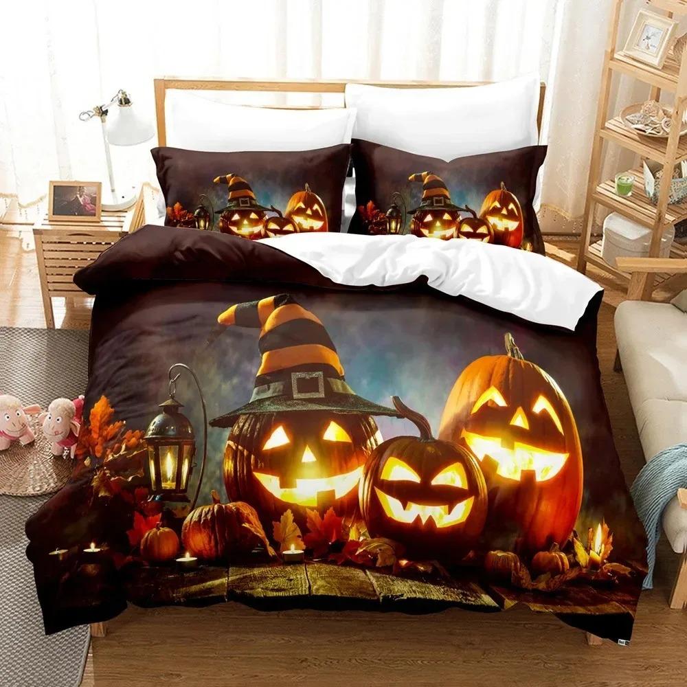 Comforter Halloween Bedding Set Kingqueen Size Cartoon Pumpkin Lantern Castle And Bat Dark Horror Night Polyester