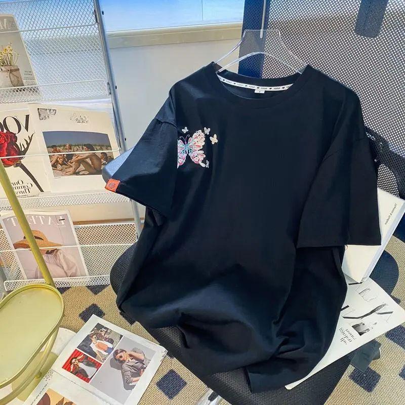 Chinese Style Embroidered T-shirt Summer Round Neck Loose Women's Short Sleeved Tee Butterfly Pattern Korean Casual Top
