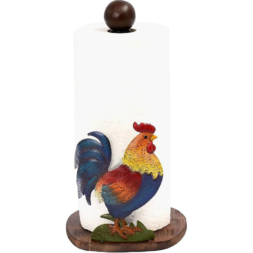 Paper Towel Holder Stand, Paper Towel Holder Countertop Wood with Rooster Decorations for Kitchen Farmhouse Villa Apartment Rooster Decor (Rooster)