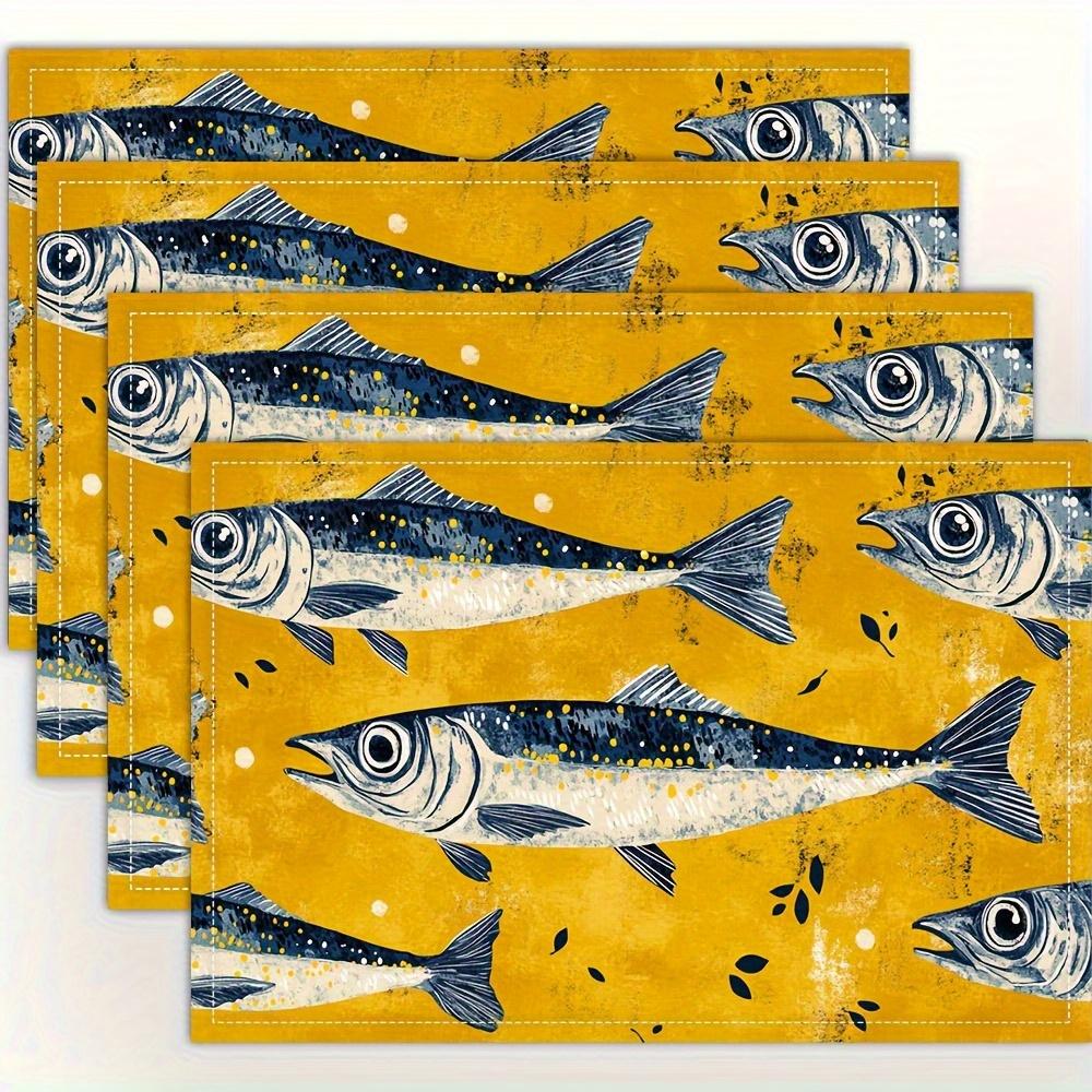 4pcs Linen Placemats Set, Ocean Fish Art Placemats, Suitable for Kitchen Dining Decor, Family Gathering Dinner Table Decoration, Hotel Cafe Table