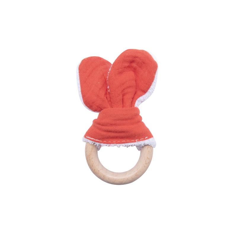 100% Cotton Baby Bunny Ear Teether Rabbit Beech Wooden Rattle Teether Safe Organic Wooden Ring Nursing Training Teethers Toy