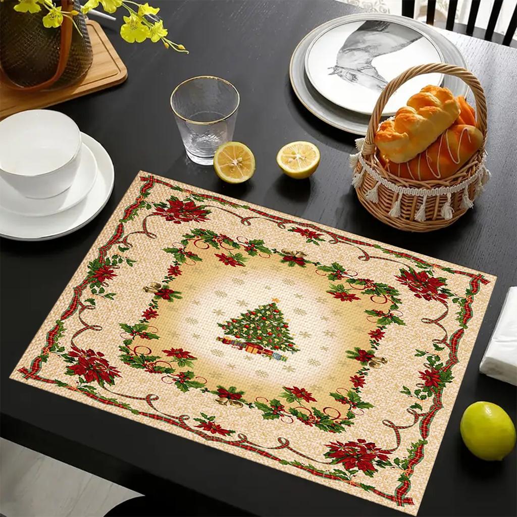 Christmas Linen Placemats Table Decoration Printed Placemat Non-slip Heat Insulation Anti-scald Pads Kitchens Accessories