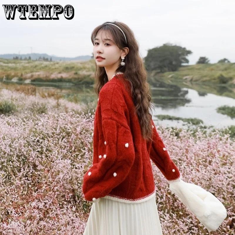 WTEMPO Damen Langarm Weihnachts-Pullover Punkt Weich Koreanische Mode Rundhals Pullover Herbst Winter Strickware