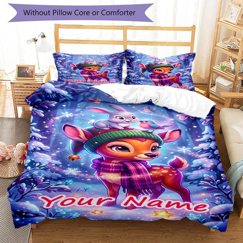 3PC Custom Name Winter Forest Friends Bedding Set Duvet Cover Closure Includes 1 Duvet Cover & 2 Pillowcases for Bedroom