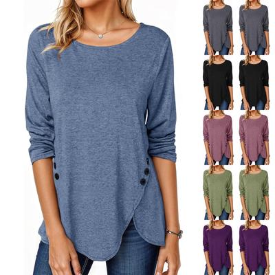 Women's T-shirt, Color, Round Neck, Long Sleeve, Irregular Button, Hem Top