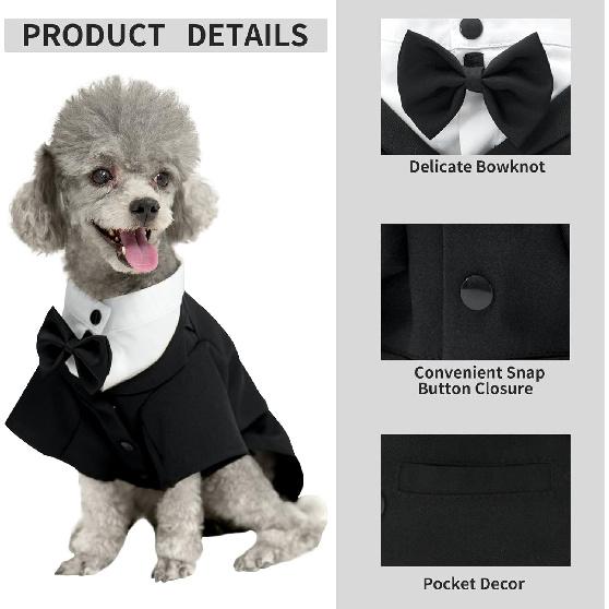 Dog Tuxedo Suit, Formal Pet Shirt Costume Wedding Attire with Black Bow Tie, Pet Outfit Apparel for Small Dogs Cats (Black, Large)