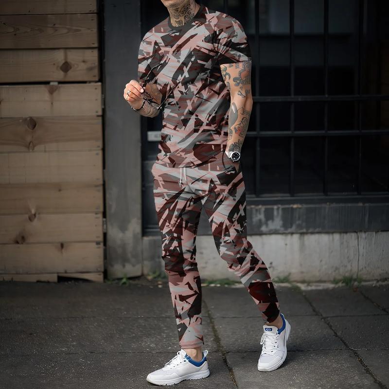 Neuer Sommer Herren lange Hose Sportbekleidung 2-teiliges Set 3D Retro Militärstil Outdoor Kurzarm T-Shirt+lange Hose Streetwear