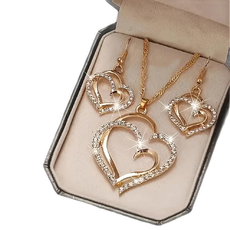 European and American Double Heart Peach Earrings & Necklace Wedding Jewelry Set