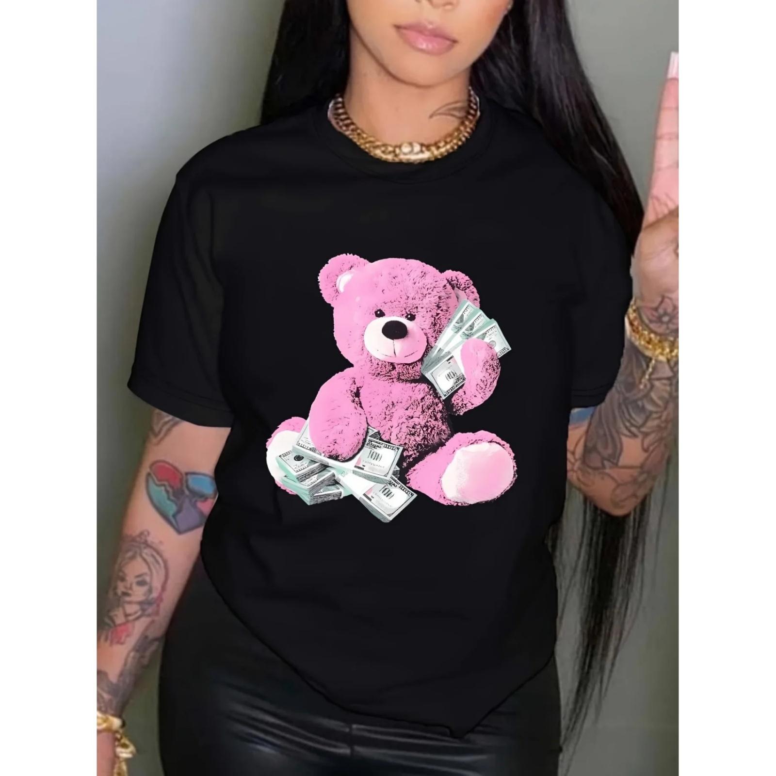Camiseta con cuello redondo y estampado de oso, pantalón corto informal de manga para primavera y verano, ropa de mujer XXXXXL разноцветный