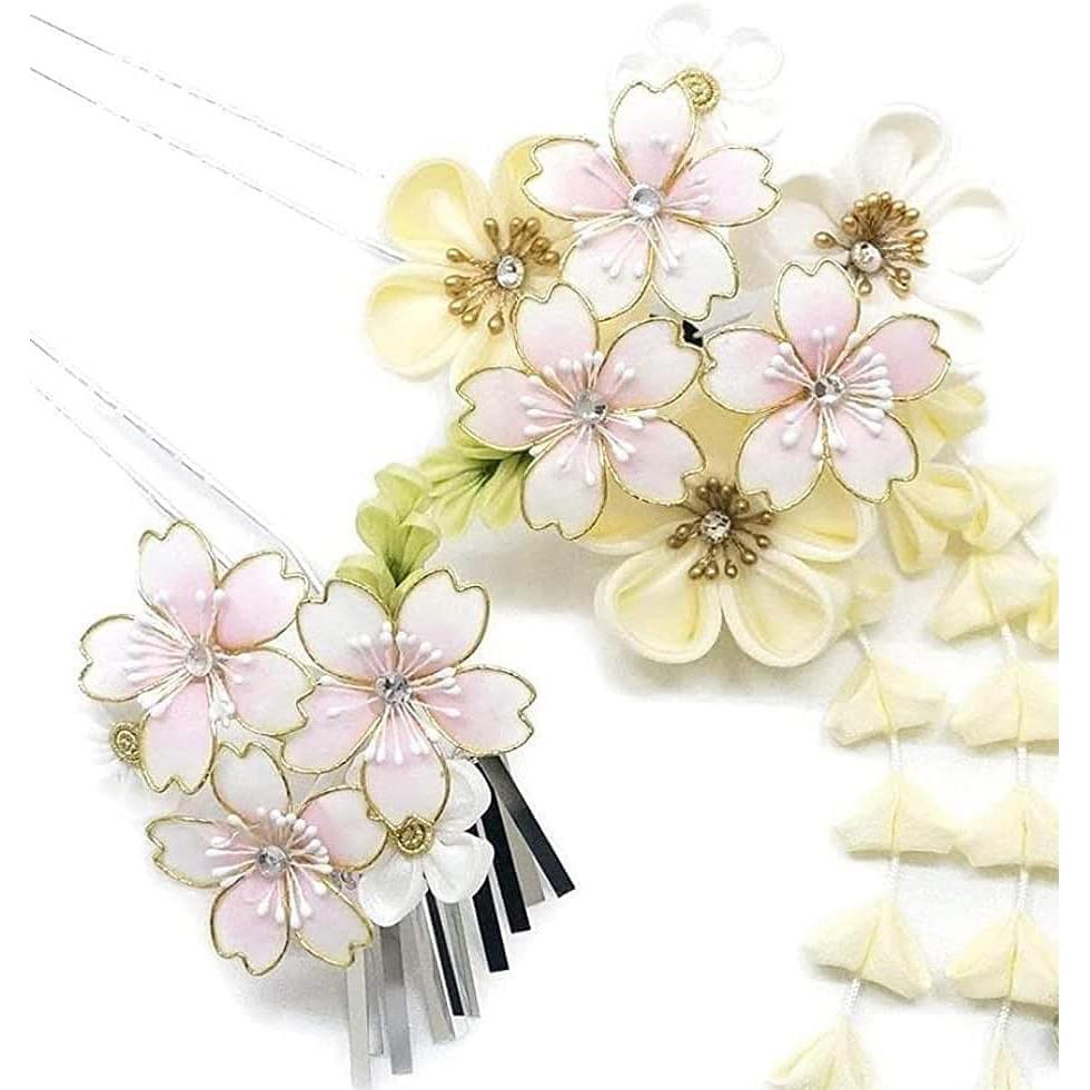 2-Piece Hair Accessory Set for Formal Occasions - White Tsumami Zaiku with Silver Dangles, Ivory, Cream - Premium Hair Ornaments for Kimono,