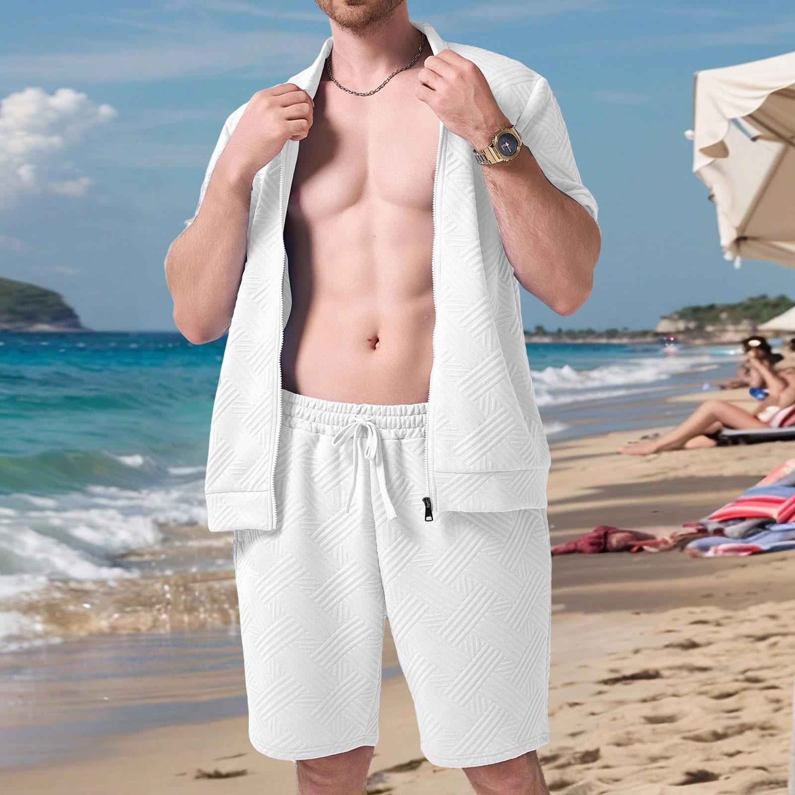 

Мужской повседневный комплект: Свободная куртка на молнии с коротким рукавом и повседневные шорты с эластичной талией, однотонный текстурированный мужской костюм-двойка XL белый