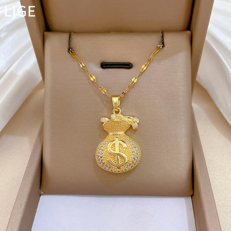 Full Diamond Money Bag Lucky Bag Light Luxury Temperament Gorgeous Full Diamond Necklace Female Versatile Collarbone Chain Titanium Steel Chain