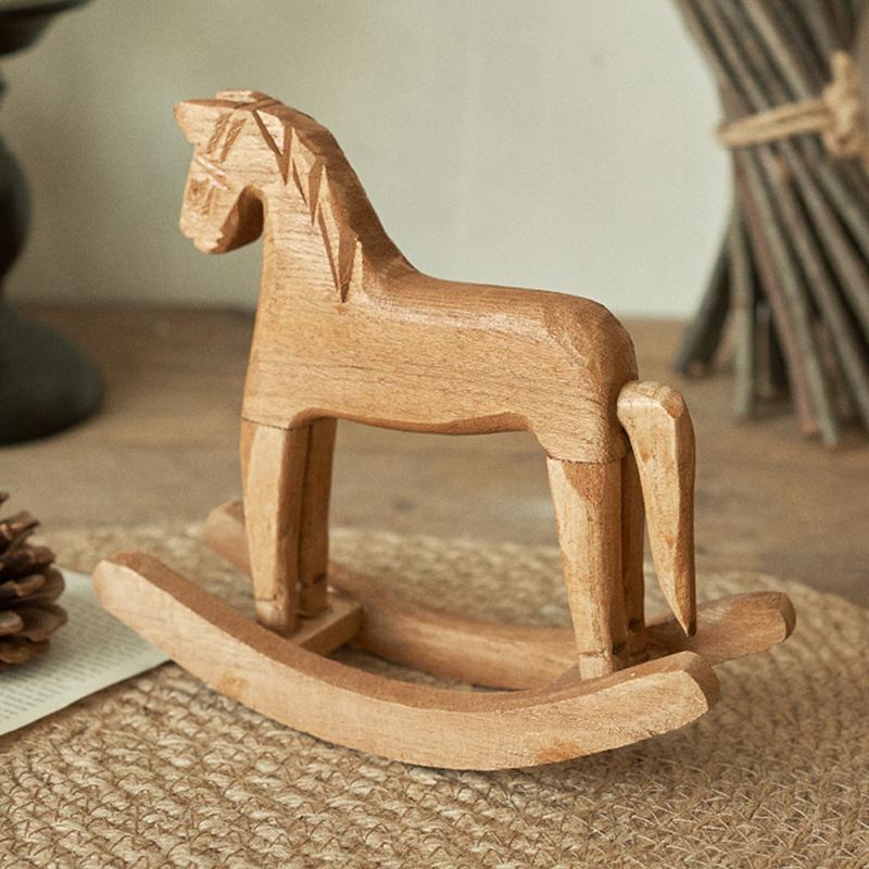 Wooden Crafts Rocking Horse Statue Balance Art Figurines Home Decor Kids Toys Small Horse Hand Carved Gifts Office Home Decor