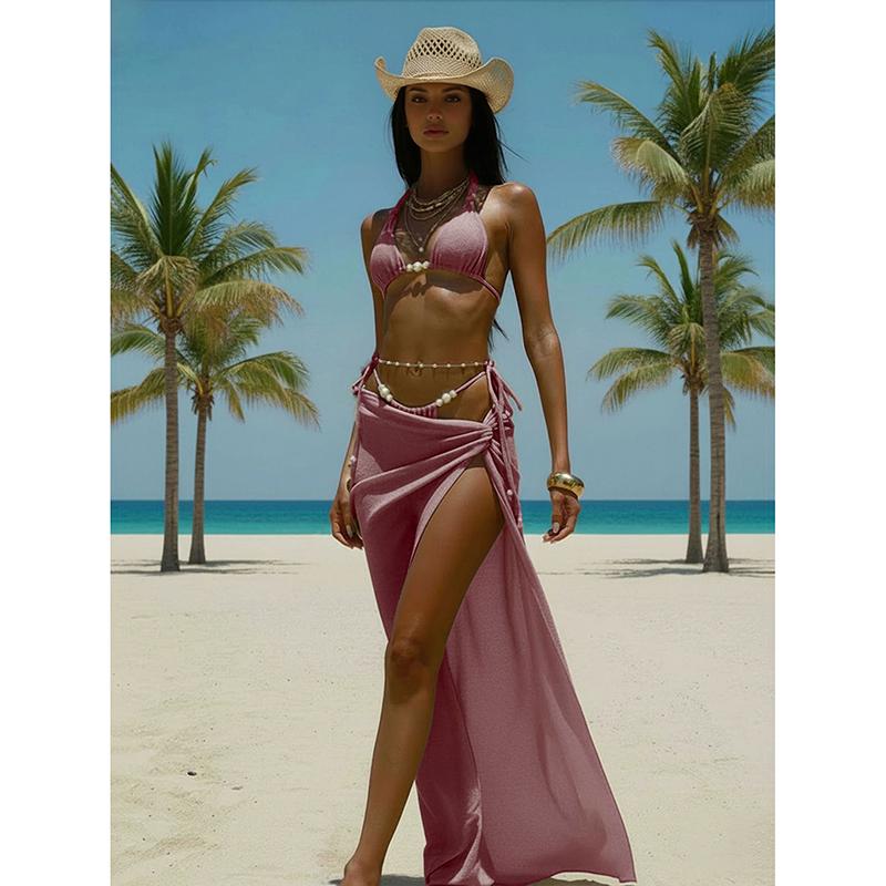 Summer 3 Piece Bikini Sets Elegant Pearl Waist Belt Swimwear with Maxi Beach Skirt Beachwear Long Sarong Bathing Suit