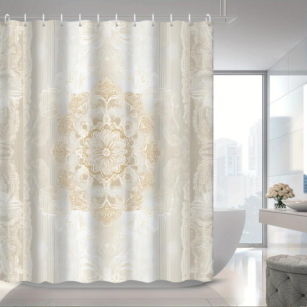 1pc Bohemian Style Golden Yellow Mandala Pattern Printed Shower Curtain, Polyester Fabric with 12 Hooks, Bath Curtain and