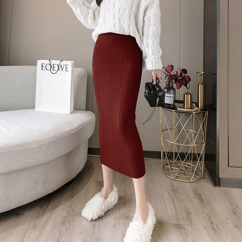 Thickened Knitted Half Skirt with Female Rear Fork Pit Clause Hip Wrapping High Waist Straight Tube Purple Knitted Skirt