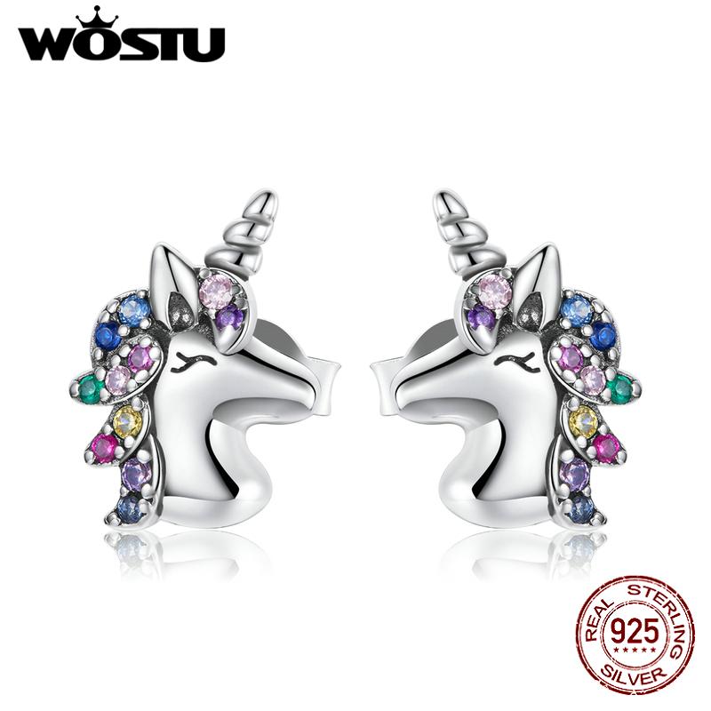 WOSTU 925 Sterling Silver Colorful Horse Stud Earring Rainbow Heart Star Moon Unicorn Earrings For Women Fashion Silver Jewelry