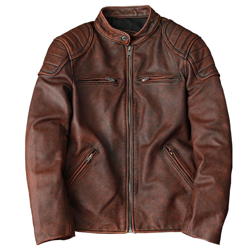 Vintage Genuine Leather Jacket for Men Distressed Short Slim Fit Stand Collar Biker Coat