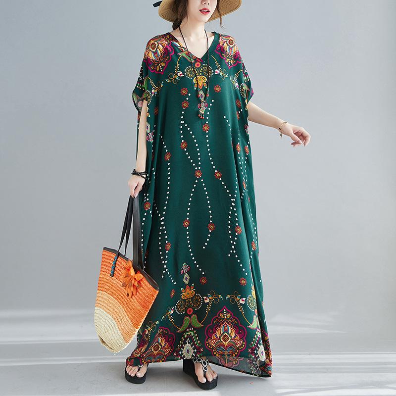 Summer Literature Plus Loose Cotton Silk Printed V-neck Short Sleeved Dress Women's Long Casual Dresses