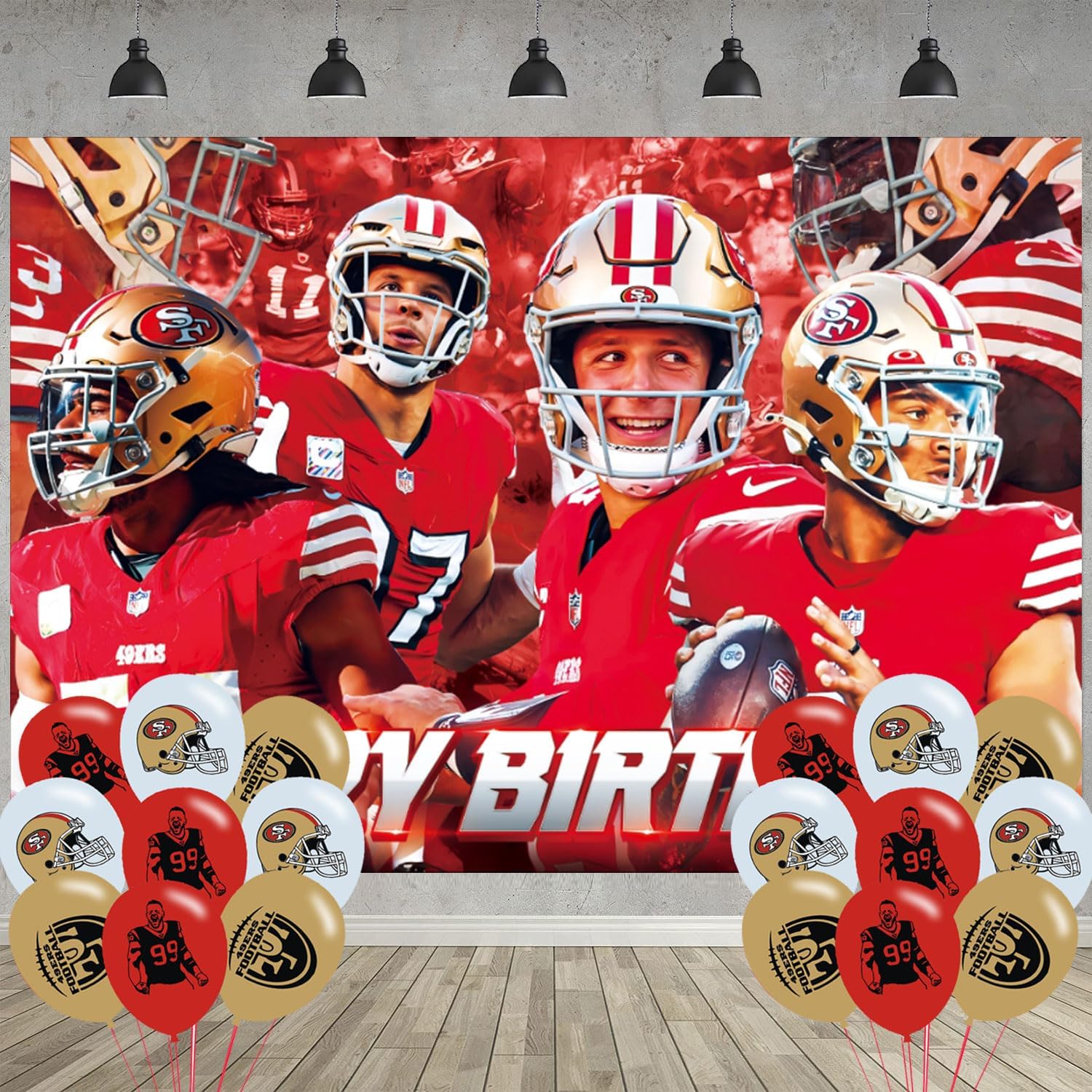 Украшение для дня рождения 49ers, Фон для фото вечеринки Сан-Франциско 5 x 3 фута и 18 шт. воздушных шаров, Реквизит для вечеринки с атрибутикой по американскому футболу