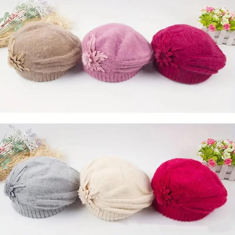 1Pcs Thickened Beret Warm Knitted Wool Hat Autumn Winter Mom Hat Diy Accessories Women'S Winter Flower Hat