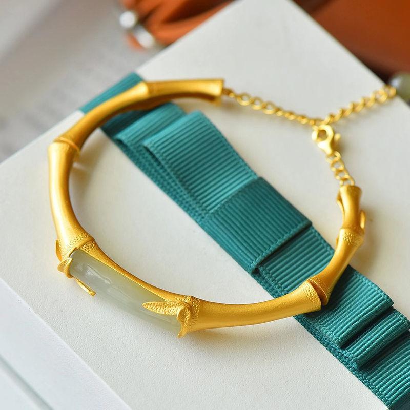 Древнее Золотое Мастерство Бамбуковое Соединение Натуральный Хетанский Нефрит Открытый Браслет Изысканный Шарм Индивидуальность Отправить Маме Ювелирное Изделие