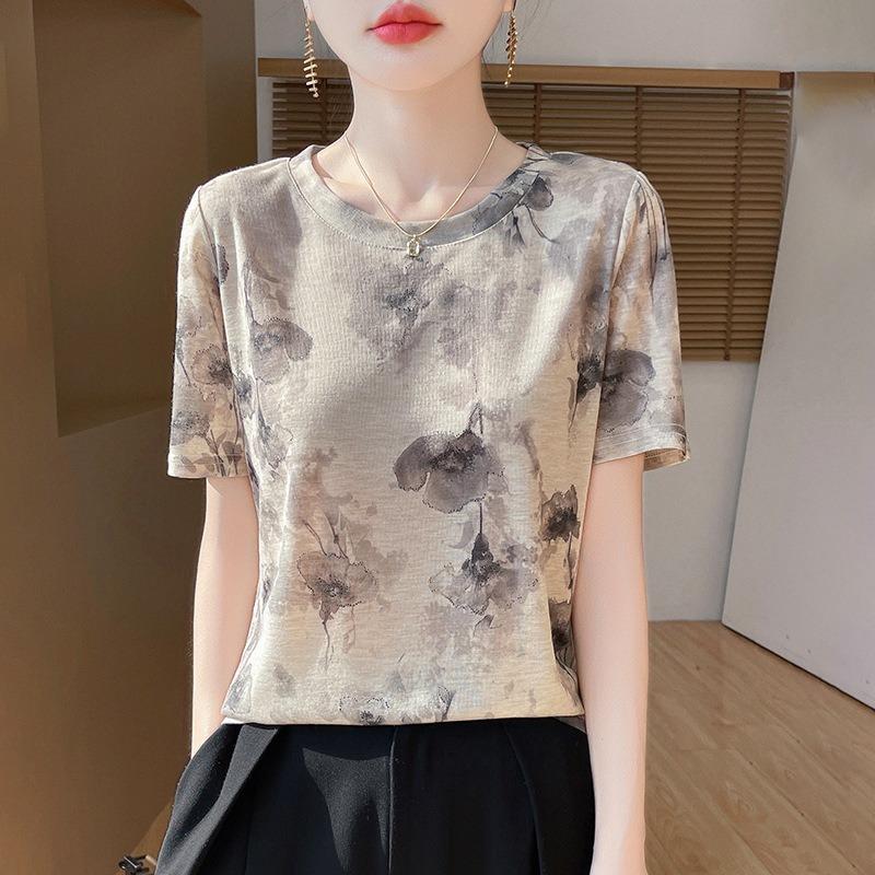 Women's New Summer Tie-dye Ink Painting Short-sleeved Casual Versatile Thin Positive Shoulder Round Neck T-shirt