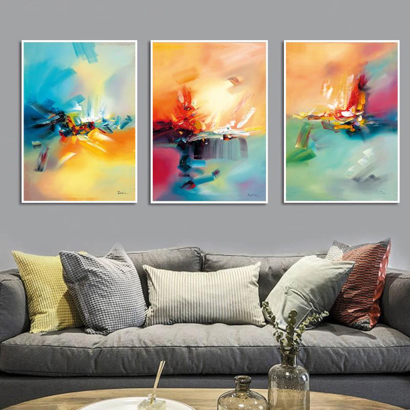 Artă de perete abstractă colorată, galben, roz, albastru, foaie de vis, pictură în ulei, pânză, imagini de perete pentru decorarea camerei, acuarele, lucrări de artă