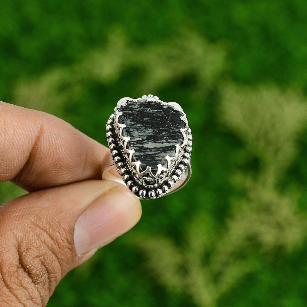 Natural Silver Leaf Jasper 925 Silver Multi Stone Adjustable Ring For Women