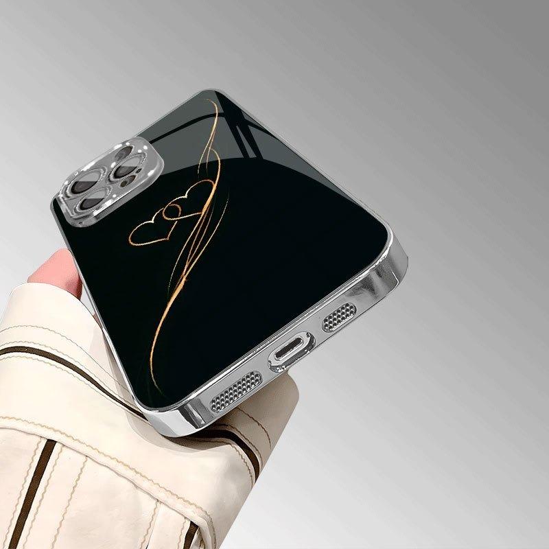 Golden Line Heart Design Pattern Tempered Glass Electroplated Phone Case For Samsung Galaxy S25 S24 S23 Ultra Plus FE Cover