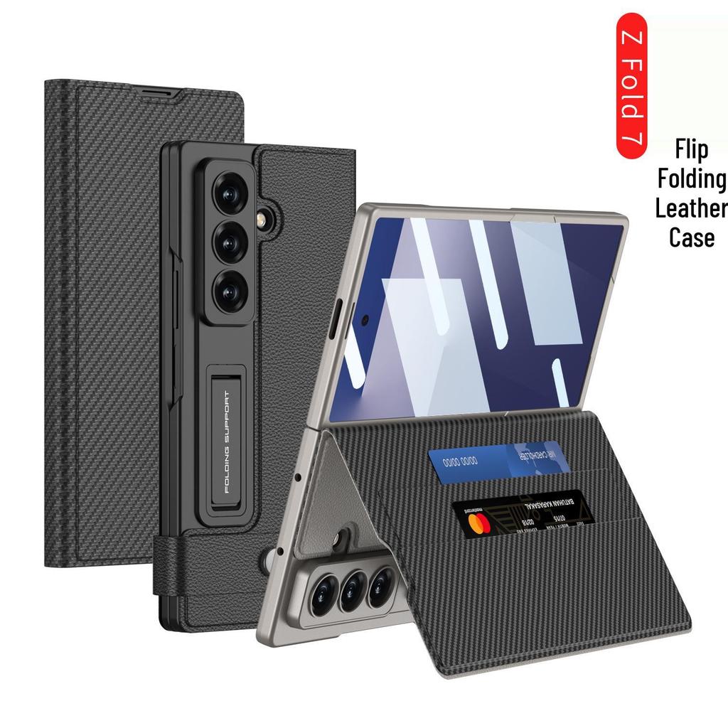Samsung Z Fold7 Leather Wallet Case with Stand, Card Slot, and Protective Film