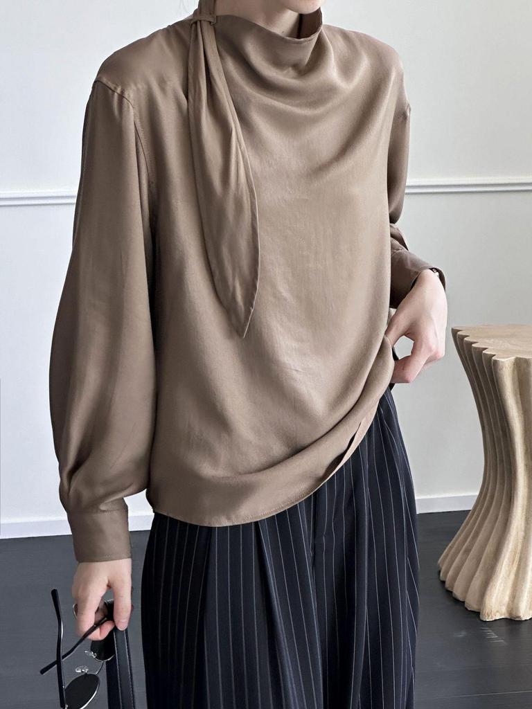 Ju Zhi 2024 Autumn Chic Slimming Irregular Drape Ribbon Shirt for Women 4533