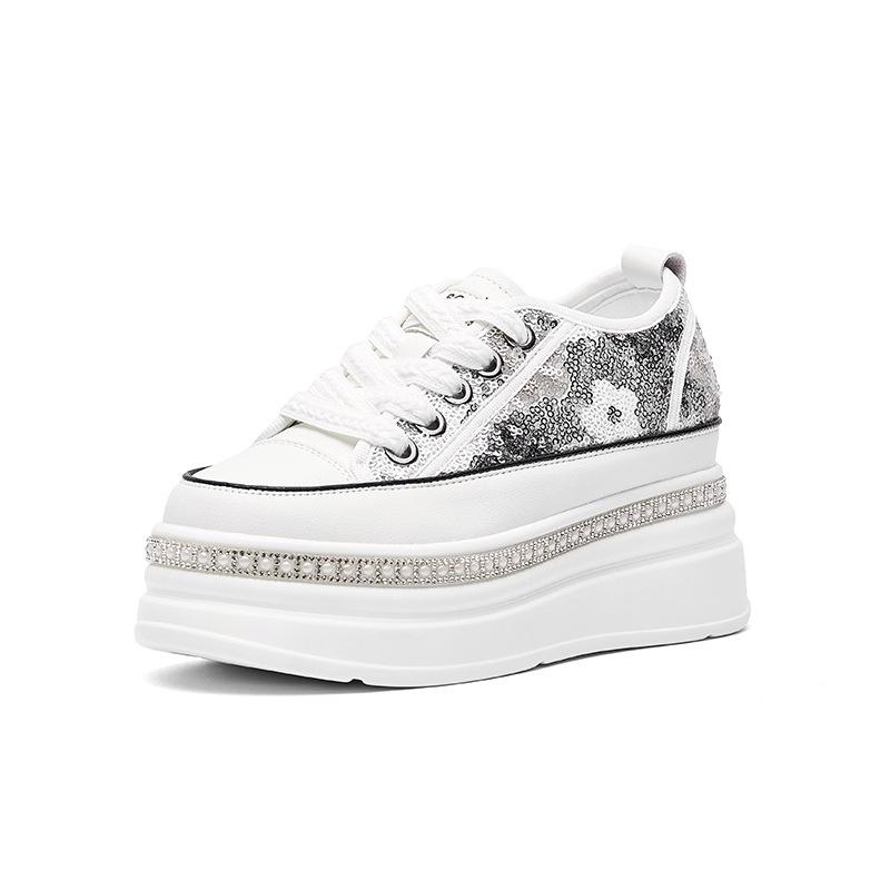 

Summer thick-soled inner height increase white shoes women s 2025 new sequined small casual new Chinese board shoes 34 серебряный