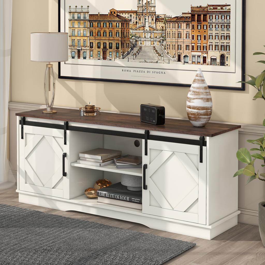 295186188AAW ) Grande Aparador para TV com 2 Portas de Correr Clássicas Prateleiras Ajustáveis para Sala de Estar Sala de Jantar Design Moderno 150*40*60cm