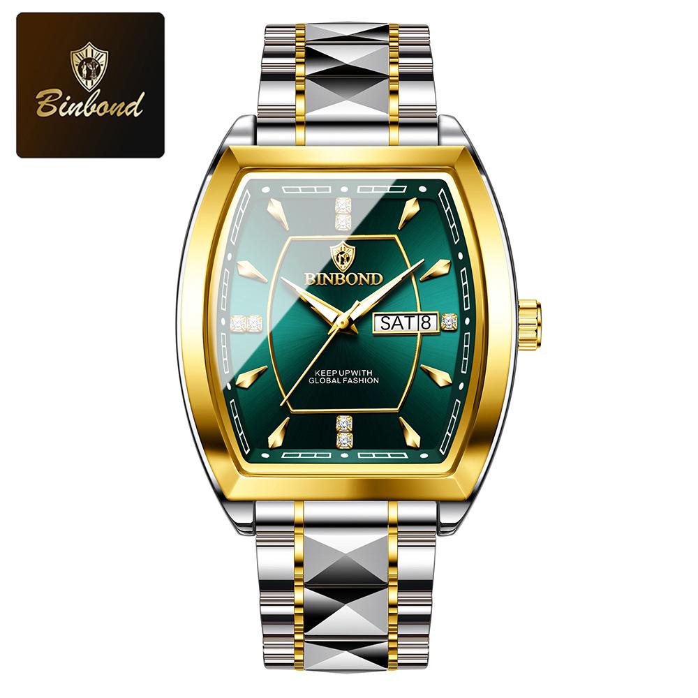 BINBOND Men's Watch Authentic Light Luxury Wine Barrel Steel Belt Waterproof Night Light Calendar Men's Student Quartz Watch