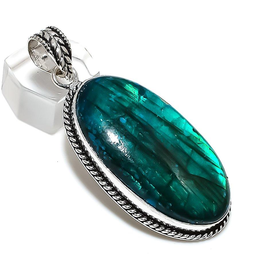 Blauer Labradorit Edelstein Handgefertigt 925 Sterlingsilber Geschenk Anhänger 2.48" T3J77