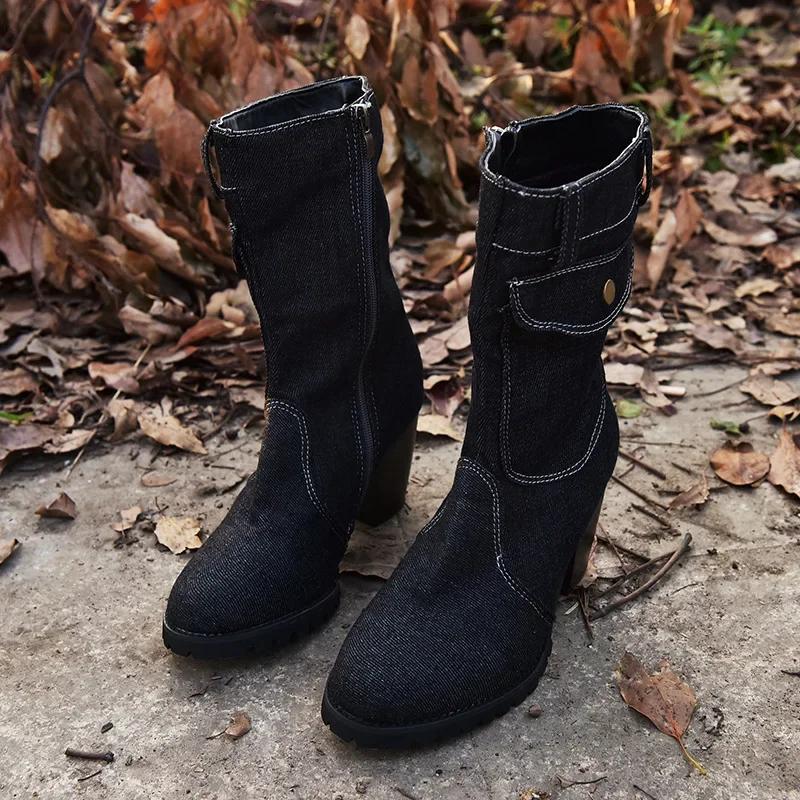 Fashion Jeans Mid-calf Boots Women's Ankle Boot Autumn winter warm Rome Solid Slip-On Chunky Heels Vintage Ladies Shoes Botas de mujer