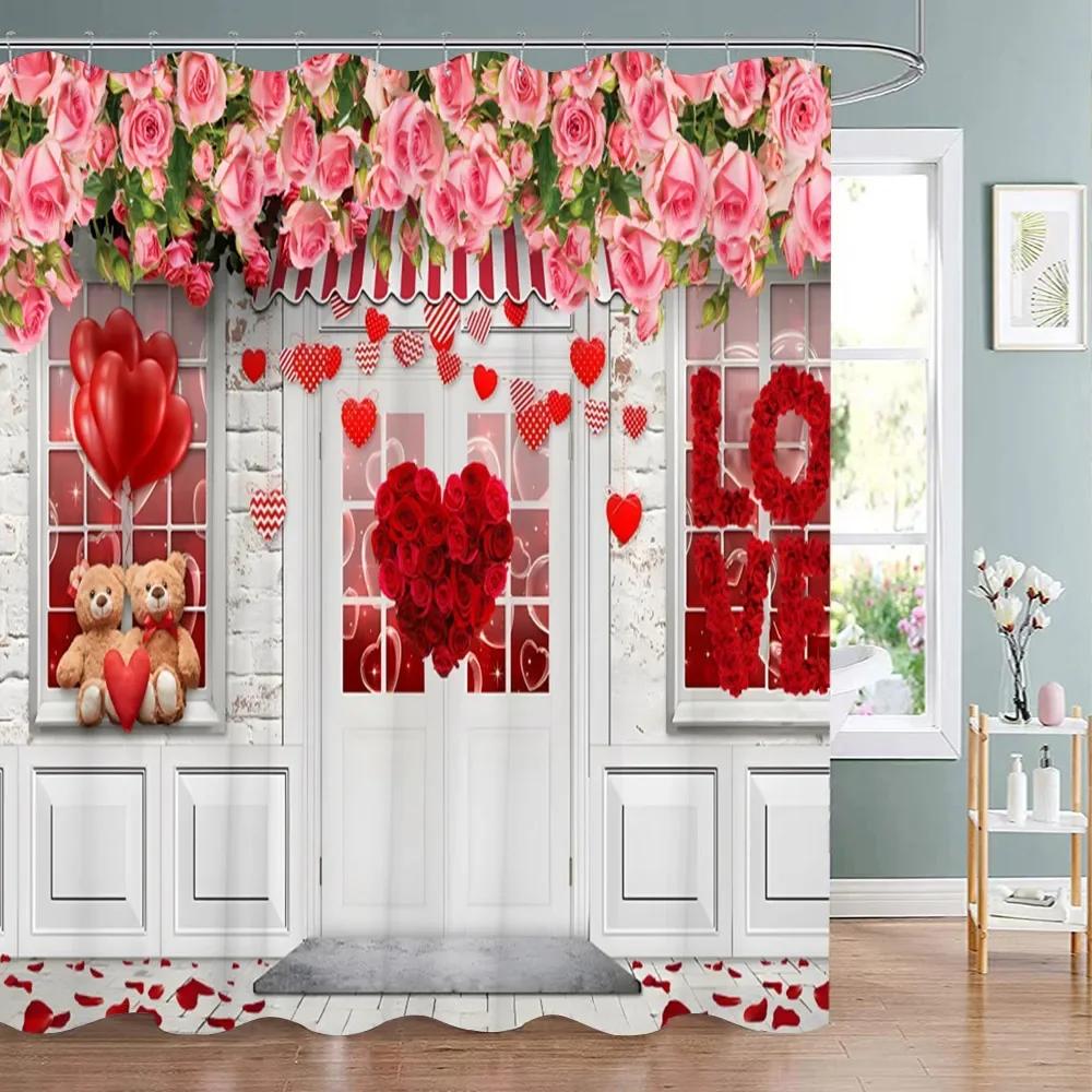Valentine's Day Decoration Shower Curtain Holiday Gift Party Background Decoration Fabric Washable Shower Curtain Bathroom Decor