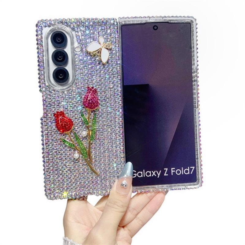 Luxury 3D Rhinestone Butterfly Rose Phone Case Galaxy Z Fold 7 6 5 4 3 Full Cover Acrylic Handmade