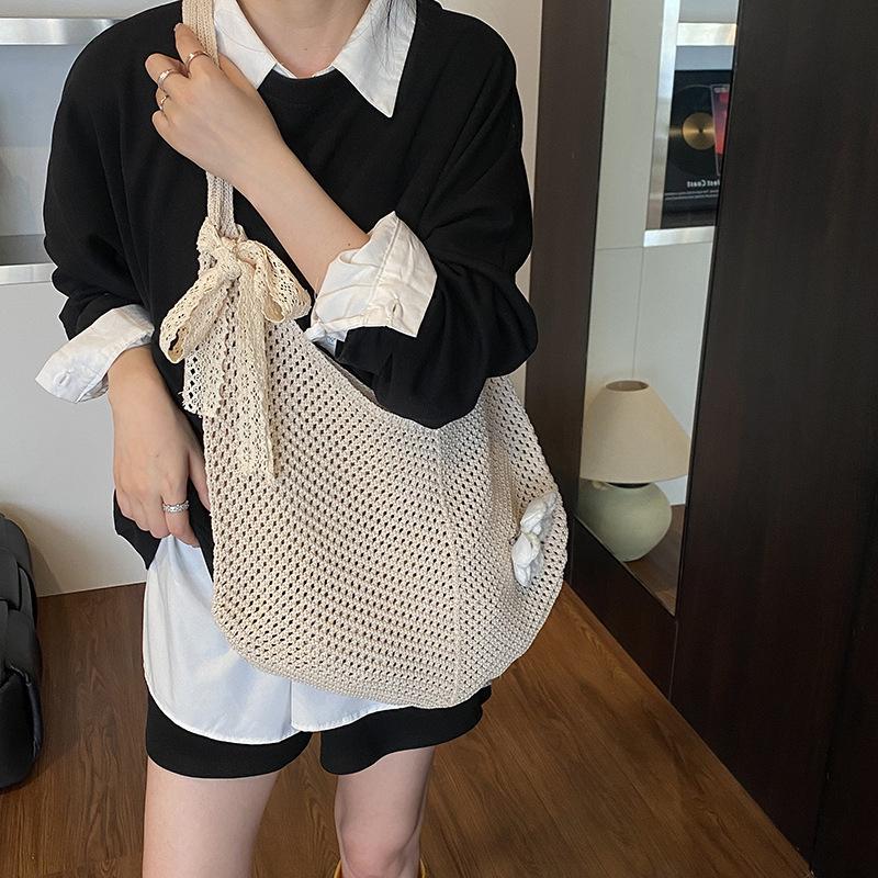 Handmade Crochet Underarm Bag Summer Knitting Women's Shoulder Bag Large Capacity Hollow Out Weaving Beach Bag Mesh Tote Handbag
