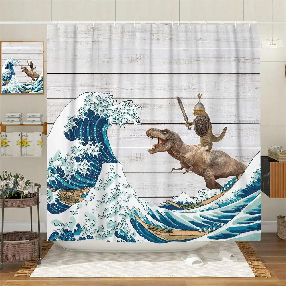 Rideau de douche amusant Chat sur Dinosaure Vagues de l'Océan Mer Rideau de Bain Créatif pour Enfants Tissu Polyester Décoration de Salle de Bain Avec Crochets