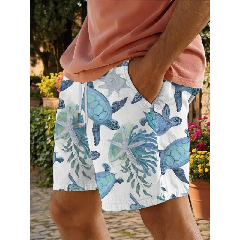 

Summer blue and green sea turtle and starfish print men s beach shorts, a must-have for leisure and vacation, large size S
