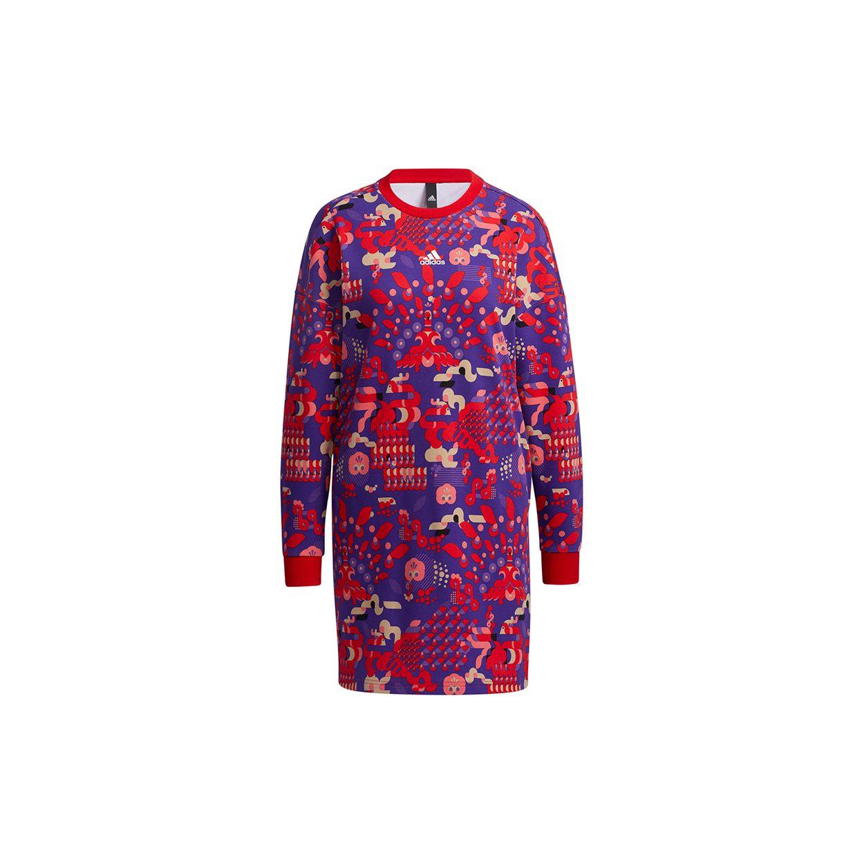 Adidas Women CNY Allover Print Crew Neck Long Sleeve Sweatshirt Dress Multicolor GT4477 S