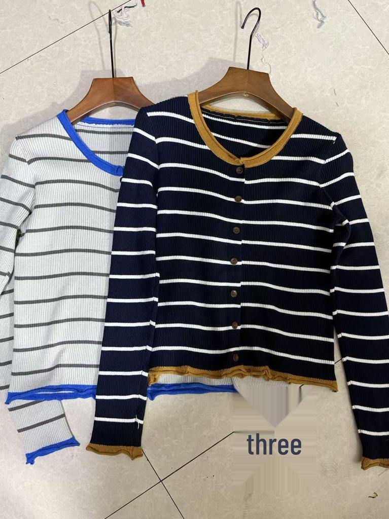 Women's Slim Fit Korean V-Neck Striped Knit Cardigan – Early Autumn Retro Style Sweater
