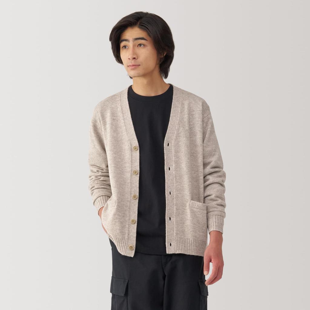 MUJI Washable Wool Size Size Small Men's Mid-Gauge V-Neck Cardigan, Oatmeal, AA0PHA4A, Men's
