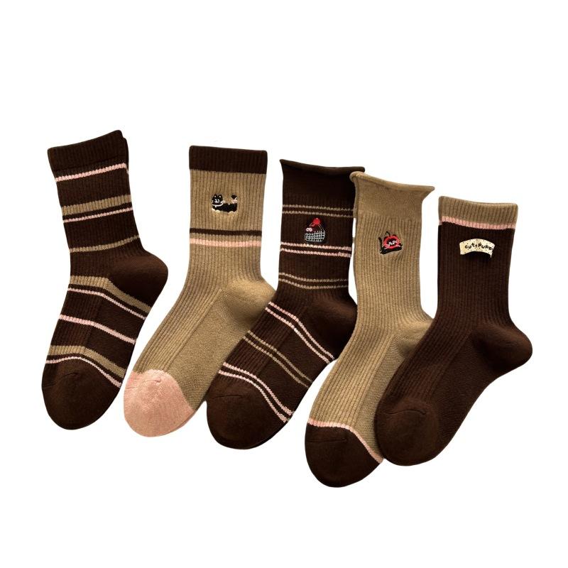 Women's Mid-calf Socks for Autumn and Winter, Warm Long Calf Socks, Retro Coffee-colored Long Socks with Stripes, Versatile and Casual for Women