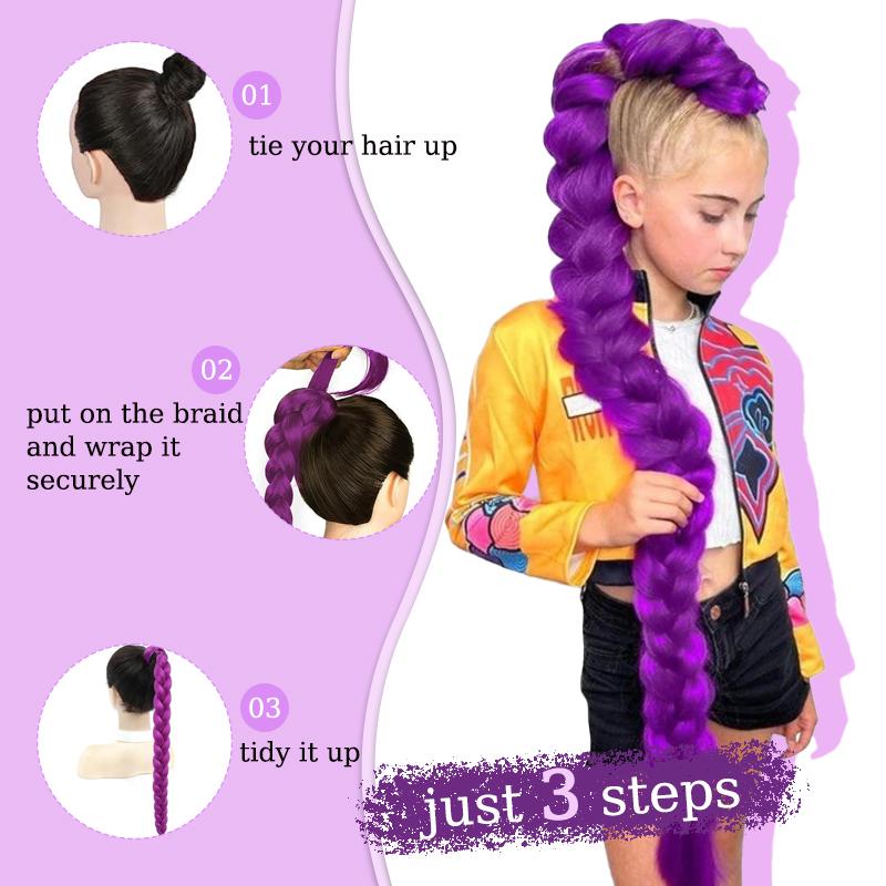 36inch Braided Purple Hair Ponytail Wig Super Long Ponytail with Elastic Hair Band for Kids Party Cosplay Use Purple Wig