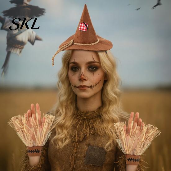 Scarecrow Elastic Headband Costume Set, with Pointed Hat And Straw Bracelets Combo Bracelets, Halloween Cosplay for Farm Party Accessories Brown