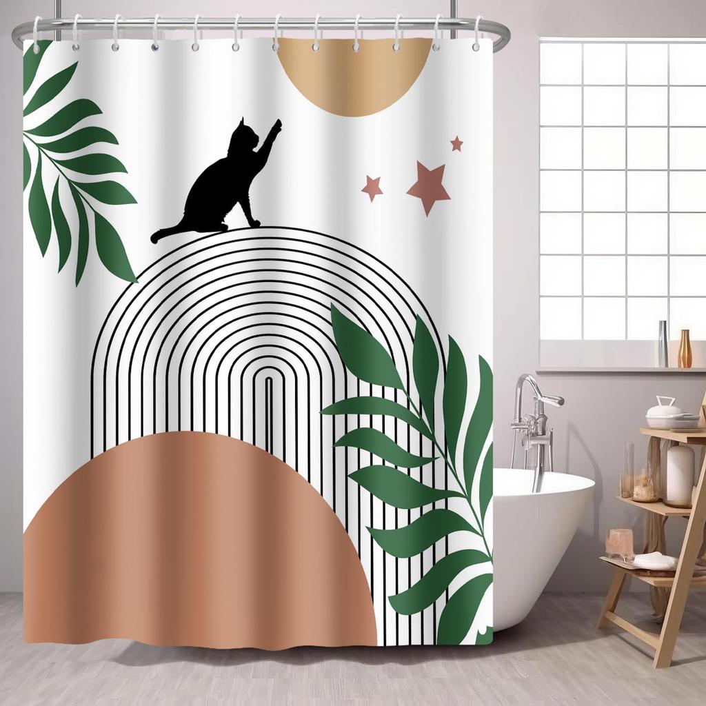 Katt Duschdraperi Biblioteksbok Kattunge på Bokhylla, Vas Blomma Boho Tyg Duschdraperier Badrumstillbehör 72x72 Tum